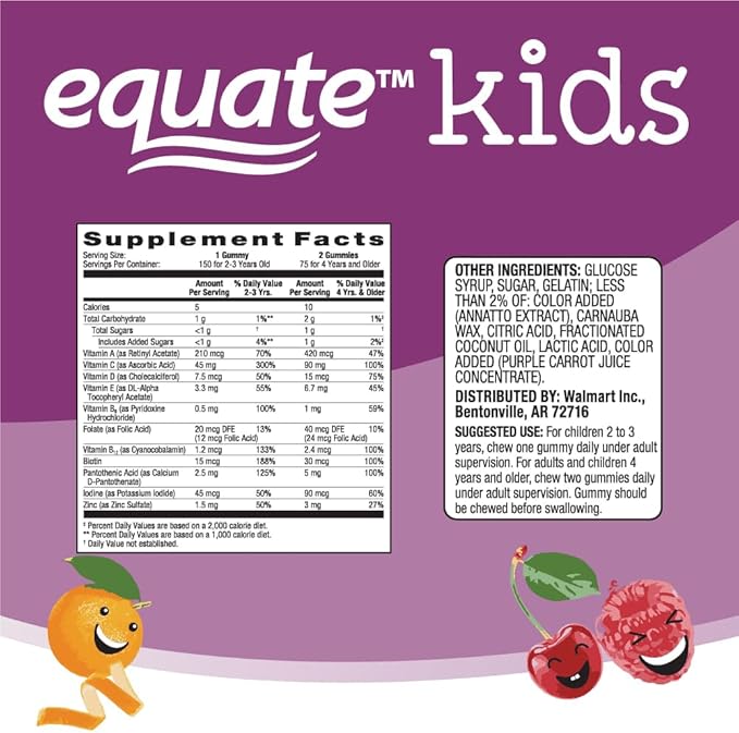 Equate Kids Multivitamin Gummies Complete Daily Multivitamin for Children 4+ Natural Fruit Flavor 150 Count Sticker