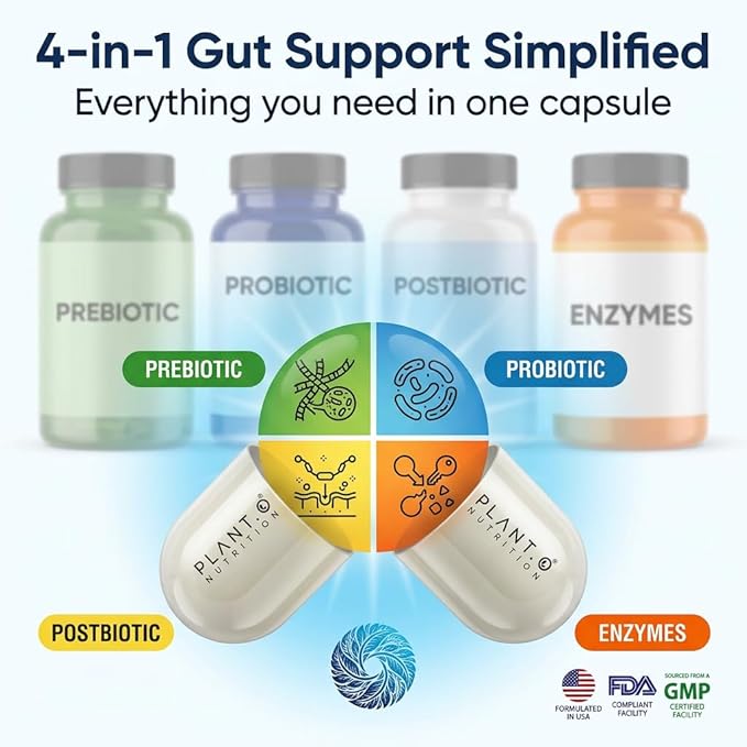 4-in-1 Gut Health Support – Prebiotics + Probiotics + Postbiotics + Digestive Enzymes – DE111 Spore Probiotic for Digestive Support &amp Bloating – Non-GMO Made in USA – 60 Veggie Capsules