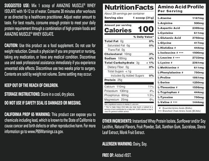 Amazing Muscle Whey Protein Isolate Powder | 25 Grams Protein Per Serving | 100% Whey Isolate | Zero Fat | Made in USA (Strawberry 2 LB)