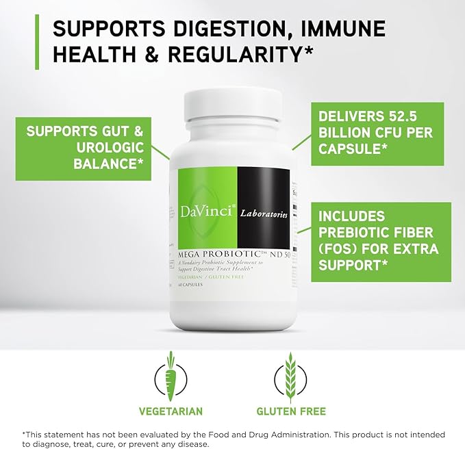 DAVINCI Labs Mega Probiotic ND 50 - Non-Dairy Probiotic Supplement with Prebiotic Fiber - Digestive &amp Immune Health Support* - Gut Support with Beneficial Bacteria* - 60 Vegetarian Capsules