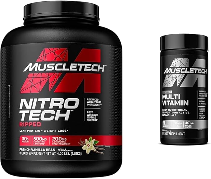 MuscleTech Nitro-Tech Ripped | Lean Whey Protein Powder/Isolate &amp Platinum Multivitamin for Immune Support 18 Vitamins &amp Minerals Vitamins A C D E B6 B12 Daily Workout Supplements for Men 90 C
