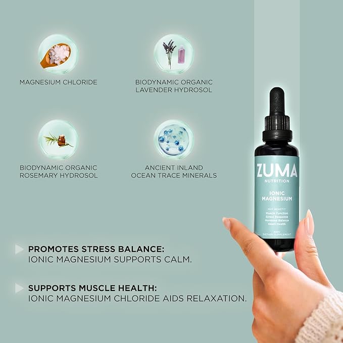 Zuma Nutrition Ionic Magnesium Liquid Tonic Vegan Natural Supplement for Cognitive Support Herbal Mineral Liquid Formula with Magnesium &amp Trace Ocean Minerals for Men &amp Women 60 ML Bottle