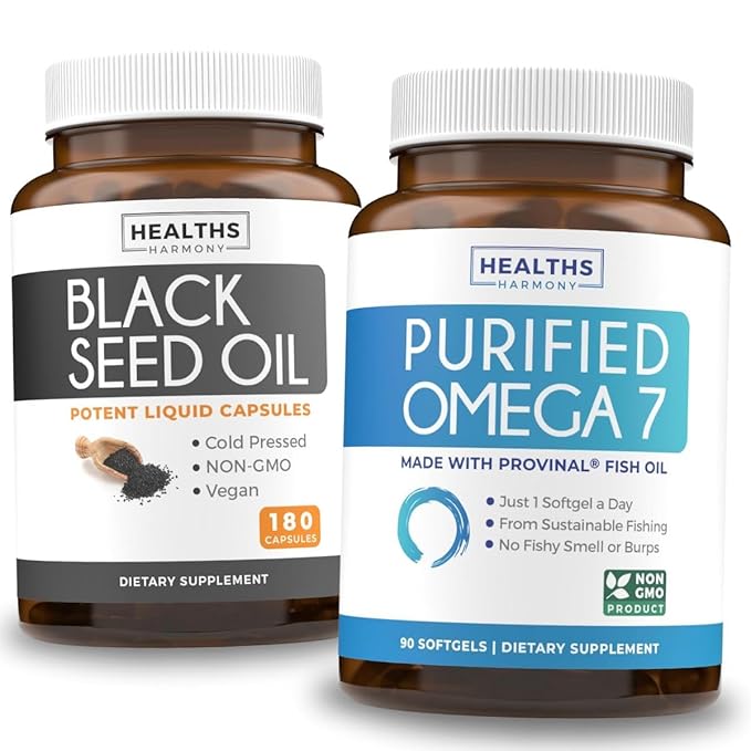 Omega 7 Softgels &amp Black Seed Oil (3-Month Supply) Omega Glow Blend Bundle - Purified Omega-7 Softgels (90 Softgels) Provinal Peruvian Anchovy and Black Seed Oil (180 Capsules) Cold-Pressed Oil