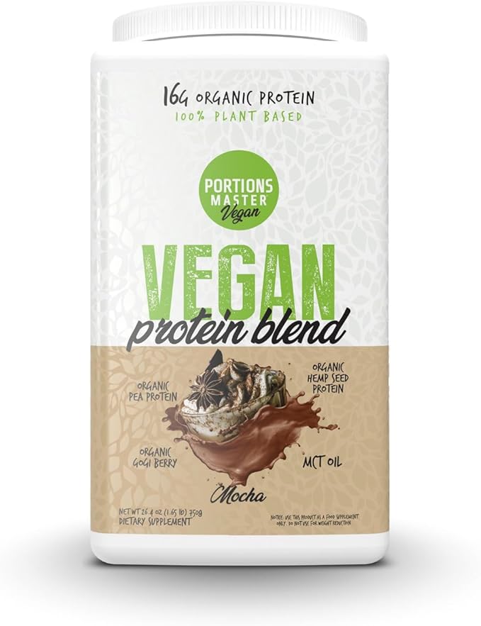 Portions Master Vegan Protein Blend Complete Plant Based Protein Powder with Pea Hemp Seed Goji Blend Medium Chain Triglycerides (750g Mocha)