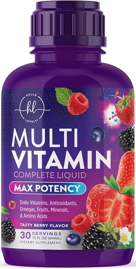 Liquid Multivitamin - Sugar Free Daily Multi Vitamin for Women Men &amp Kids Vitamins A C D B-12 Biotin &amp Zinc - Supports Faster Hair Growth &amp Skin Wrinkles Vegan Non-GMO Berry Flavo