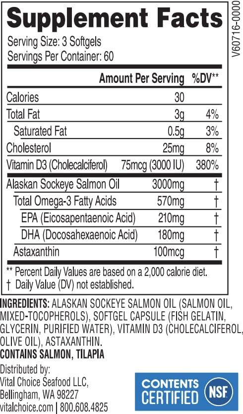 Vital Choice MSC Wild Alaskan Sockeye Salmon Oil and Vitamin D3 Dietary Supplement 180 Softgels