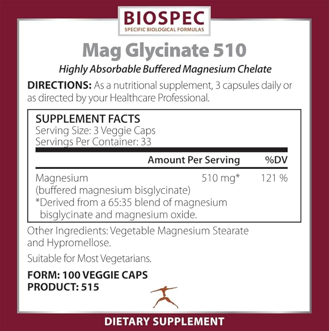 Biospec Nutritionals Mag Glycinate 510 – Magnesium Glycinate – Nutritional Supplement for Stress Heart Health Nerves Muscles Energy and Metabolism* - (100 Capsules)