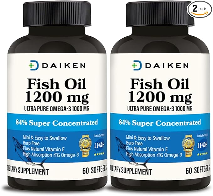 DAIKEN Mini Fish Oil 1200 mg rTG Omega 3 1000mg 60 Softgels High Absorption &amp Burpless Fish Oil for Healthy Heart Brain and Dry Eyes Support (Pack of 2)