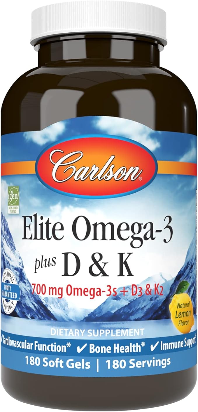 Carlson - Elite Omega-3 Plus D &amp K 700 mg Omega-3s + D3 &amp K2 Function Bone Health &amp Immune Support Lemon 180 Softgels