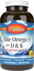 Carlson - Elite Omega-3 Plus D &amp K 700 mg Omega-3s + D3 &amp K2 Function Bone Health &amp Immune Support Lemon 180 Softgels
