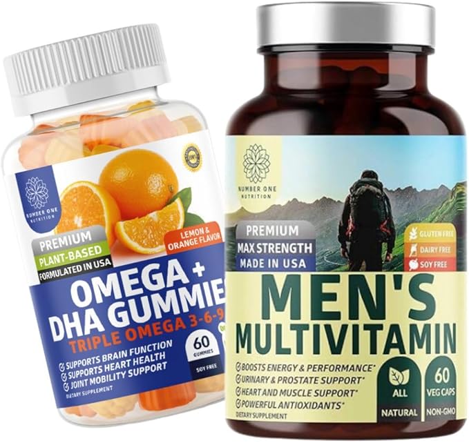 Number One Nutrition N1N Premium Men's Daily Multivitamin [Vitamins A C E D Magnesium Zinc] and Omega 3 6 9 + DHA Gummies [Vegan Plant-Based] 2 Pack Bundle