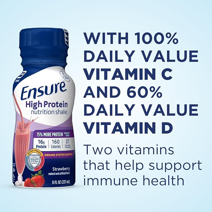 Ensure Liquid Clear Nutrition Drink 0g fat 8g of protein Blueberry Pomegranate 10 Fl Oz (Pack of 12) Bottle gluten free &amp Ensure High Protein Strawberry Nutrition Shake 24 Pack
