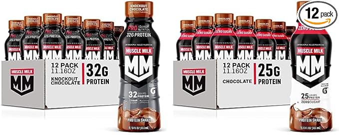 Muscle Milk Pro Advanced Nutrition Protein Shake Knockout Chocolate 11.16 Fl Oz (Pack of 12) and Muscle Milk Genuine Protein Shake Chocolate 25g Protein 11.16 Fl Oz (Pack of 12)