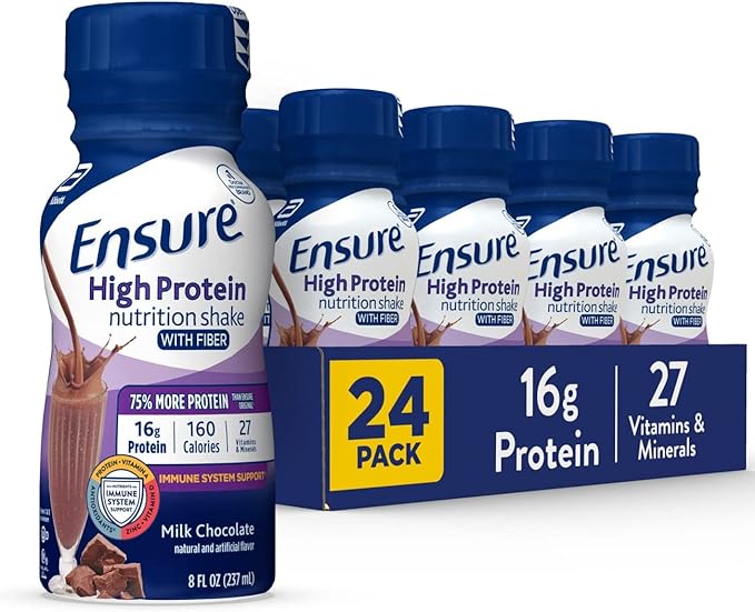 Ensure High Protein Nutritional Shake With Fiber &amp Ensure Plus Nutrition Shake With Fiber 16 Grams of Protein Meal Replacement Liquid Milk Chocolate gluten free 8 Fl Oz (Pack of 24)