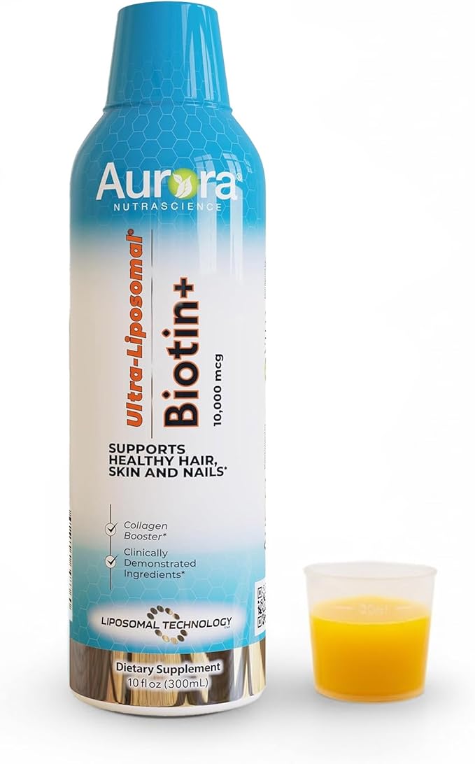 Vida Lifescience Aurora Nutrascience Ultra-Liposomal Biotin 10000 mcg Collagen Booster Supplement Supports Healthy Hair Skin &amp Nails Caramel Flavor 30 Servings 10 fl oz