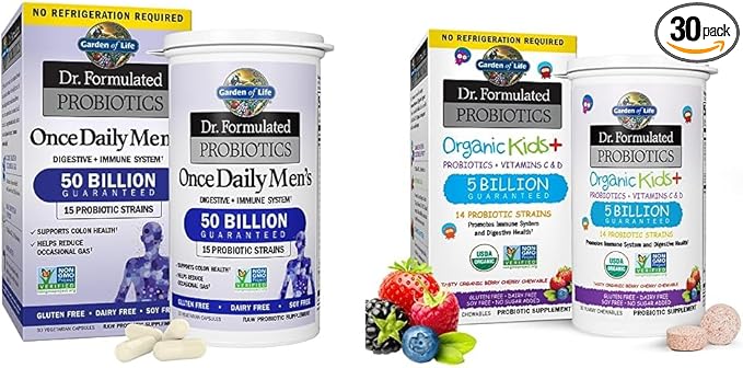 Garden of Life Probiotics for Men Dr Formulated 50 Billion CFU 15 Probiotics &amp Dr. Formulated Probiotics Organic Kids+ Plus Vitamin C &amp D - Berry Cherry - Gluten
