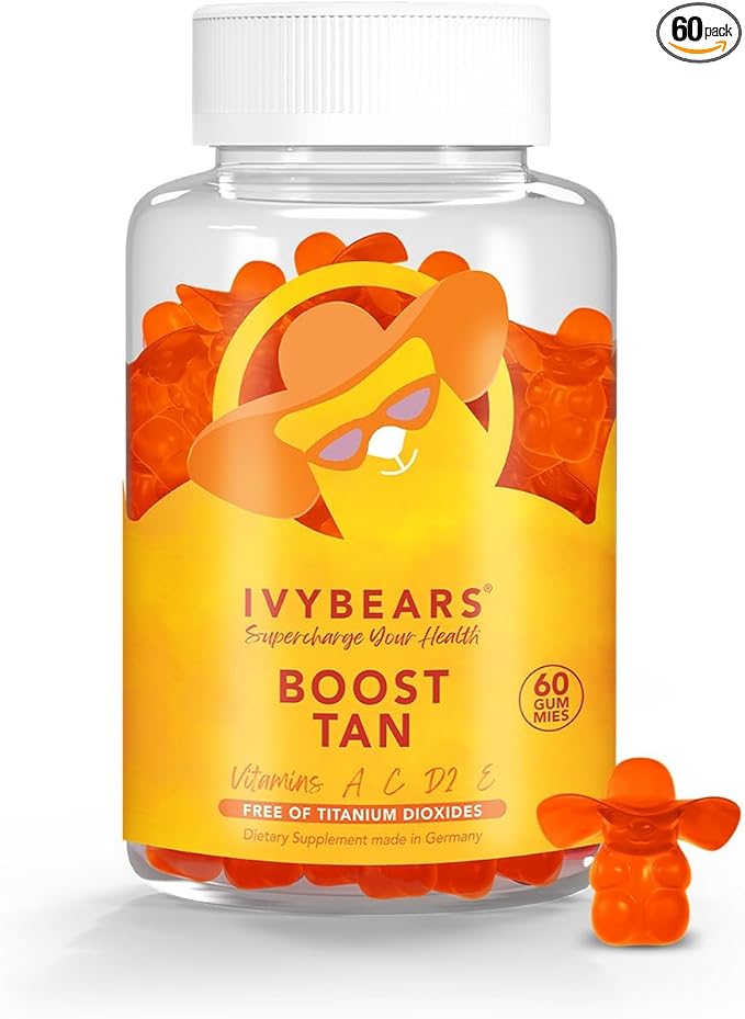 Glow Tanning Gummies - Beta Carotene Vitamin A C D2 &amp E - [AI Tanning Specialist ADA] Supports Healthy Tan &amp Glow - Vegan &amp Made in Germany - Pack of 60 - Boost Tan