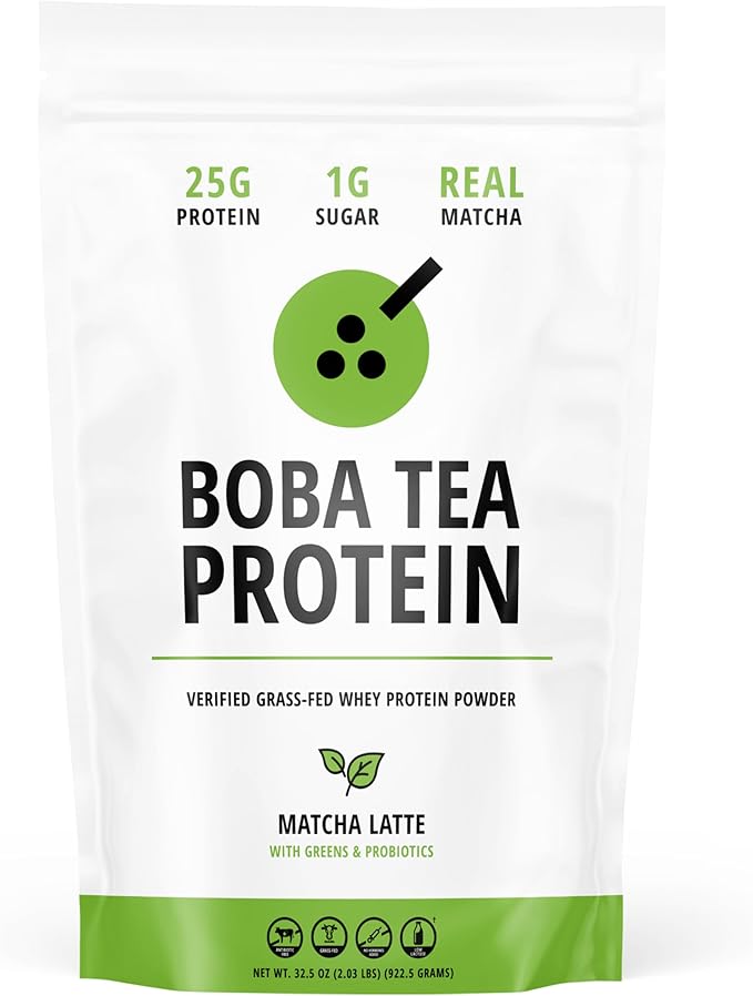 Boba Tea Protein Matcha Latte | 25g Grass-Fed Whey Protein Isolate Powder | Gluten-Free &amp Soy-Free Bubble Tea Protein Drink | Real Ingredients &amp Lactose-Free Protein Drink | 25 Servings