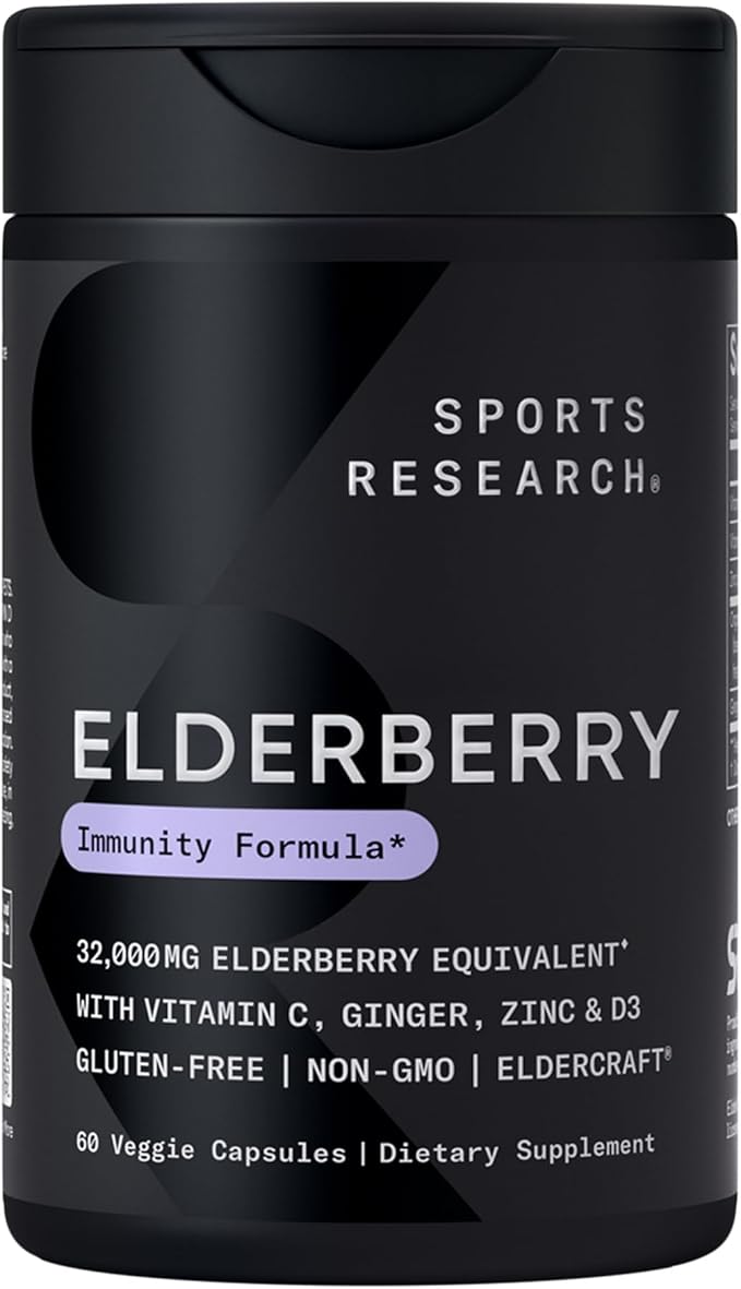 Sports Research® Daily Immune Support Elderberry with Zinc Vitamin C Ginger &amp Vitamin D3 5000iu - Gluten Free · Non-GMO Verified · Soy Free - 60 Veggie Capsules