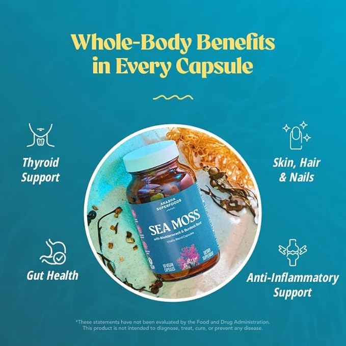 Akasha Superfoods Sea Moss Capsules Organic Irish Moss with Bladderwrack Root Burdock Root and BioPerine Skin Thyroid Digestion &amp Immunity Support for Women &amp Men Gluten Free Vegan 60