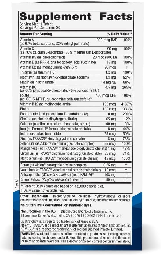 Nordic Naturals Women’s Multivitamin One Daily - Skin Hair Energy &amp Bone Support - Immunity Supplement - 20 Essential Nutrients - 30 Tablets - 30 Servings