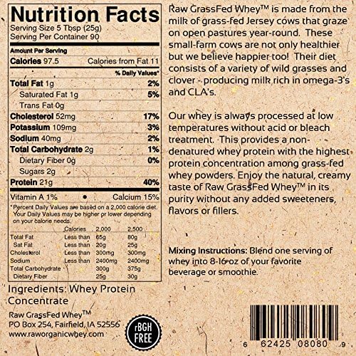 Raw Grass Fed Whey Protein Powder – Unflavored Only 1 Ingredient: Grass-Fed Whey from Happy Healthy Cows – Undenatured Non-GMO Hormone-Free Gluten-Free Made in USA 5LB