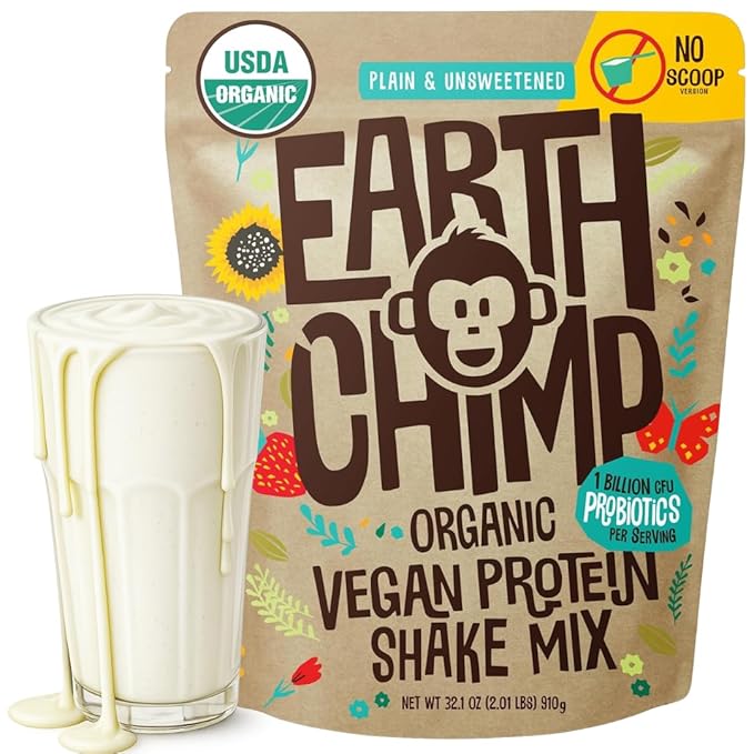 EarthChimp Organic Vegan Protein Powder - with Probiotics - Non GMO Dairy Free Non Whey Plant Based Protein Powder for Women and Men Gluten Free - 26 Servings 32 Oz (Plain &amp Unsweetened) No Sc
