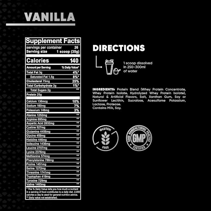 Premium Whey Protein Powder 25g Protein Gluten Free 2 lb (32 oz) 25 Servings (Vanilla)