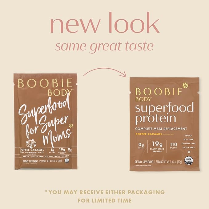 Boobie Body Superfood Protein Meal Replacement Shake Coffee Caramel Flavor | 19g Protein | Safe For Pregnancy Lactation &amp Motherhood | Organic Vegan Zero Sugar 10 Single Serve Packets (1.06