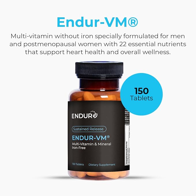 ENDUR-VM - Multivitamin Vitamin A C D E B12 &amp Zinc (Without Iron) SR (Sustained Release) 22 Essential Nutrients to Support Overall Wellness for Men &amp Postmenopausal Women - 150 Tablets