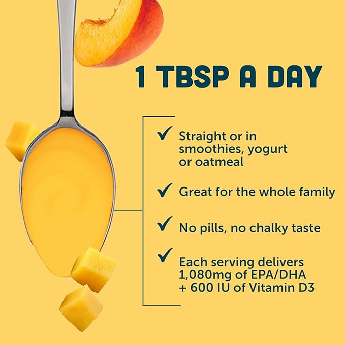 Barlean's Omega 3 Fish Oil Liquid Supplement with Vitamin D for Men and Women 1080mg of EPA and DHA Fatty Acid Promotes Brain &amp Heart Health - Non-GMO Mango Peach 16 oz
