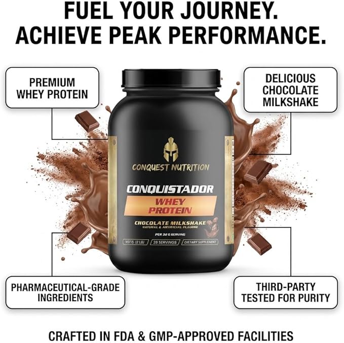 Conquistador Premium Whey Protein Powder – Chocolate Milkshake Flavor 25 gm Digestive Enzyme Blend 5.1g BCAA’s 0g Added Sugar Supports Muscle Recovery - 28 Servings