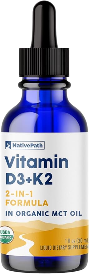 NativePath D3K2 Tincture – 2000IU Vitamin D3 and Vitamin K2 Supplement with Organic MCT Oil – 1 Fluid Ounce – Rapid Bioavailability Multi-Vitamin for Bone Strength and Total Body Wellness 30 Servings