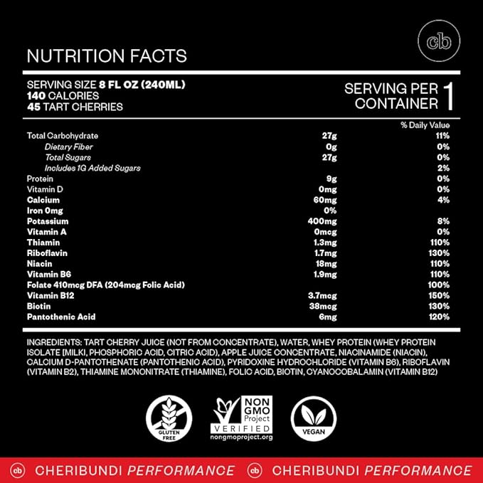Cheribundi Tart Cherry Juice Protein | Tart Cherry Juice with Whey Protein | Athletes Recovery Drink | Promotes Restorative Sleep Muscle Recovery &amp Boosts Athletic Performance | 8 floz (24 Pack)