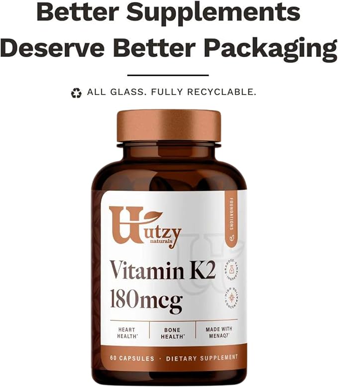Utzy Naturals Vitamin K2 | 180 mcg of MenaQ7® Form of K2 | Made in USA | 60 Capsules