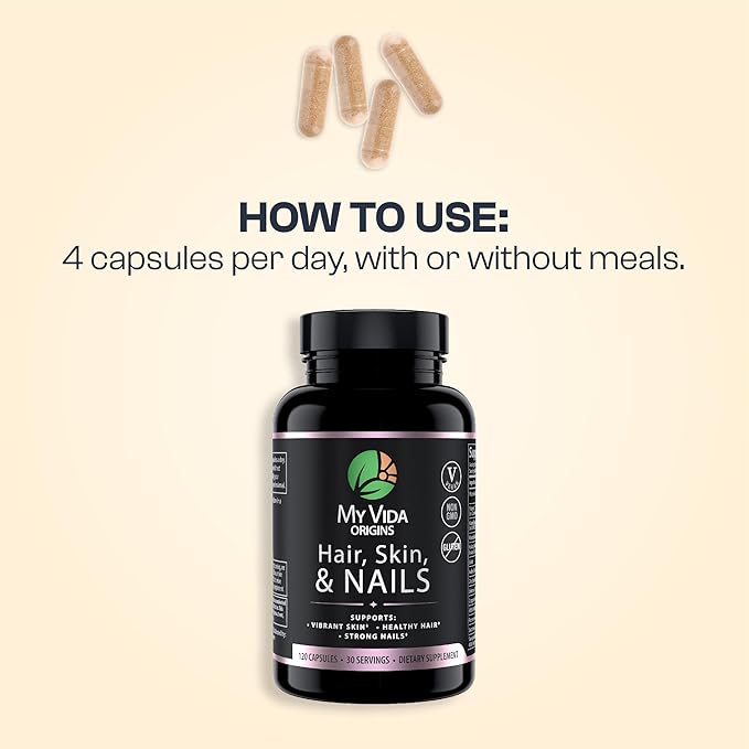 My Vida Origins Hair Skin and Nails | Thicker Hair Stronger Nails Vibrant Skin | Supports Natural Beauty | Zinc Biotin Vitamin E | Vegan 120 Capsules 1 Month Supply