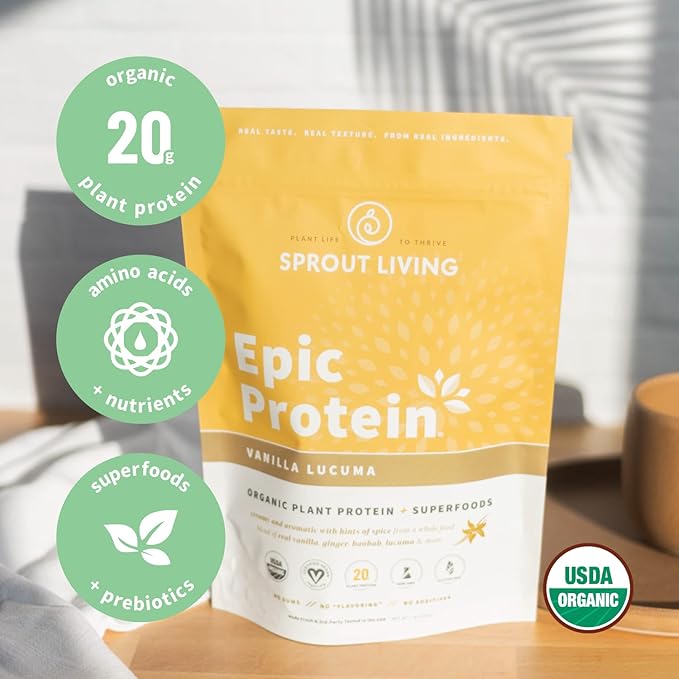 Sprout Living Epic Protein Bundle - Chocolate Maca &amp Vanilla Lucuma (20g Organic Plant-Based Protein Powder Vegan Gluten Free Superfoods) | 1lb 12 Servings
