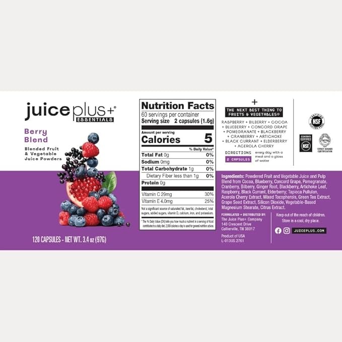 JuicePlus+ Berry Blend: with Concord Grape Blueberry Cranberry and More - Whole Food Based Vegan Plant-Based Vitamins - Gluten-Free Non-GMO Kosher - 1 Bottle (60 Servings)