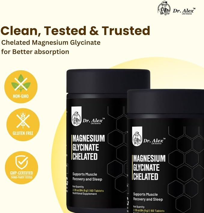 Dr. Alex Magnesium Glycinate Chelated 2000mg - High Absorption Magnesium Supplement for Sleep Muscle Recovery &amp Nerve Support | Pure Magnesium Glycinate Tablets for Women &amp Men | 60 Count