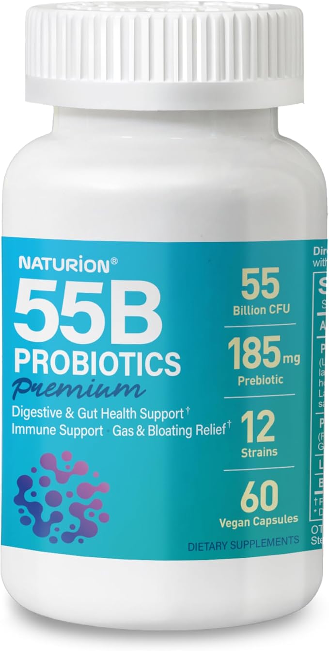 55B Probiotics Premium - 55 Billion CFU 12 Strains 185mg Prebiotic - Immune Support Digestive &amp Gut Health - Supports Occasional Constipation Gas &amp Bloating - 60 Vegan Capsules 60 Day Sup