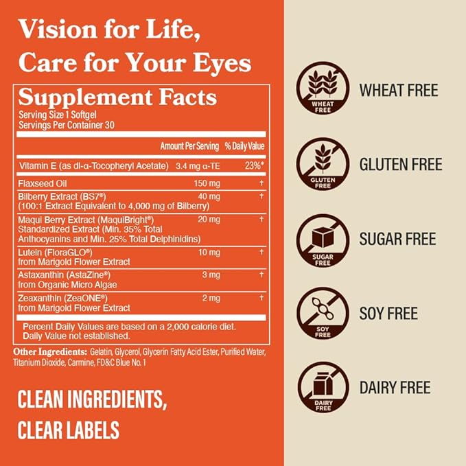 DAIKEN Lutein and Zeaxanthin Supplements AREDS 2 Inspired Formula with Astaxanthin Maqui Berry Bilberry Flaxseed Oil &amp Vitamin E 30 Softgels (Pack of 2)