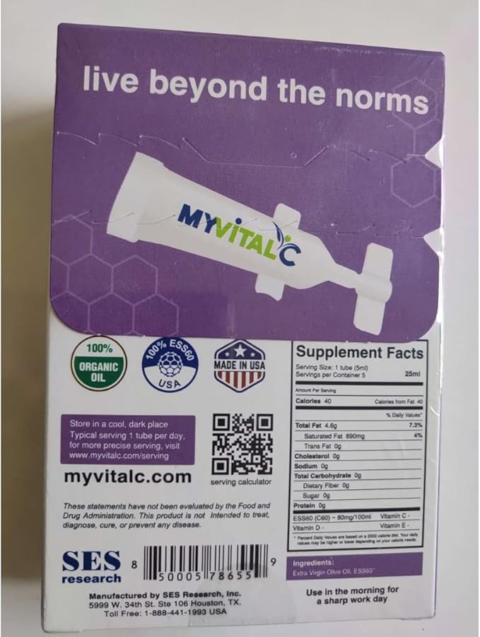 MyVitalC Focus &amp Energy Supplement - Pure ESS60 in Organic Extra Virgin Olive Oil - 30 Day Supply 150 ML - Pack of 6