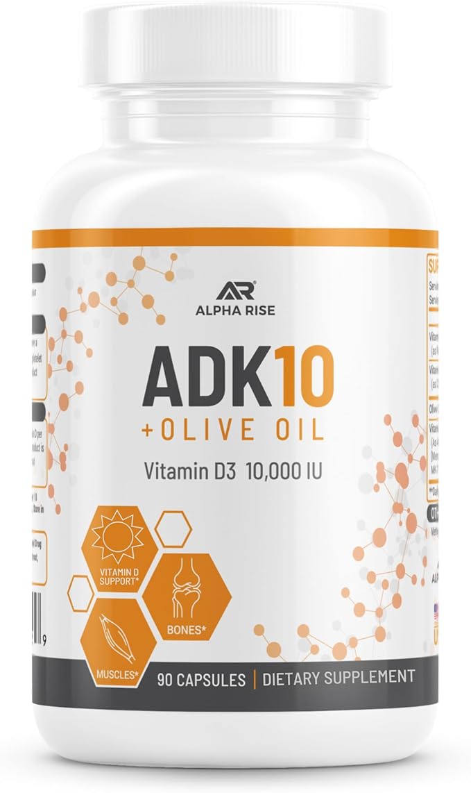ADK 10 Vitamin Supplement + Olive Oil for Better Absorption - with Vitamins A + D3 (10000 iu) + K2 (MK7+MK4) - 90 Capsules - Vegetarian - Non-GMO