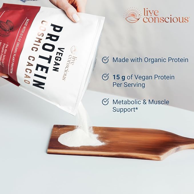 Live Conscious Cosmic Cacao - Organic Vegan Protein Powder Chocolate Flavor Plant-Based Blend - Pea Protein Brown Rice Pumpkin Sacha Inchi - 20 Servings 17 oz