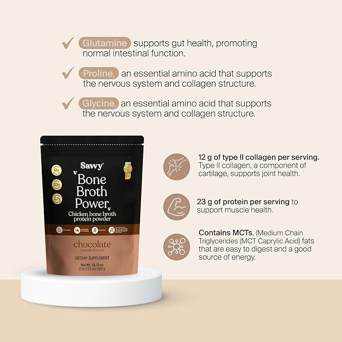 SAVVY Bone Broth Power Chocolate Protein Powder 23g Protein 12g Collagen &amp Glutamine Muscle Joint Digestive &amp Skin Health Keto Dairy Free Award-Winning Bone Broth 560g (16 Servings)