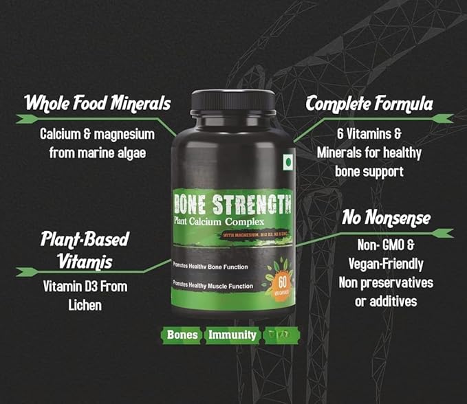 Eleven Zone Bone Strength - Plant-Based Calcium Magnesium Zinc Vitamin D3 VIT B12 K2 - GMO Soy Gluten Free Ingredients - Whole Food Supplement for Bone Health - 60 Vegan Friendly Capsules