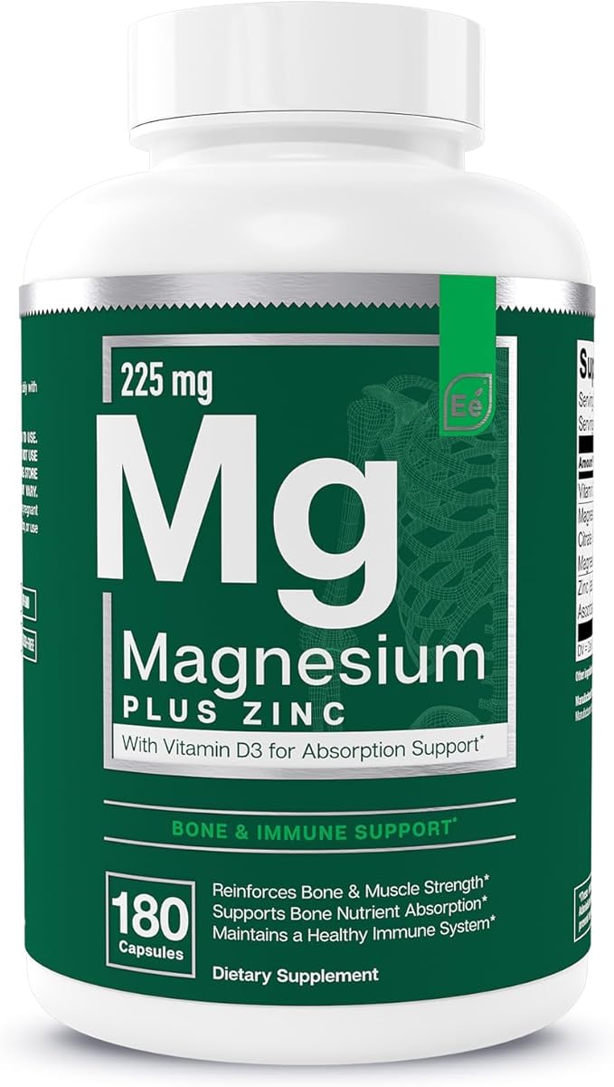 Essential Elements Magnesium Plus Zinc with Vitamin D3 | Scientifically Formulated Heart Bone &amp Muscle Support | 225mg Triple-Strength Magnesium Complex with Glycinate Malate Citrate | 180 Coun
