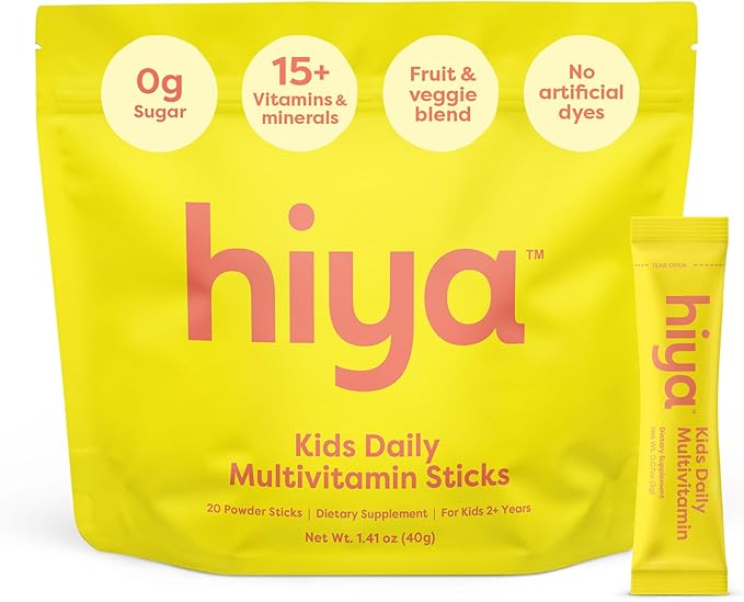 Hiya Kids Multivitamin – 15+ Essential Vitamins &amp Minerals with Fruits &amp Veggies for Ages 2+ Supports Growth Development &amp Immune 0g Sugar – 20 Stick Packs for Toddlers &amp Kids