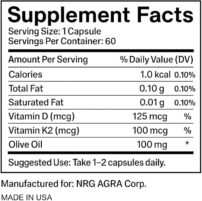 Vitamin Non-GMO Formula 125 mcg Vitamin D3 &amp 100 mcg K2 (MK-7) Supplement Easy to Swallow D &amp K Complex 60 Capsules