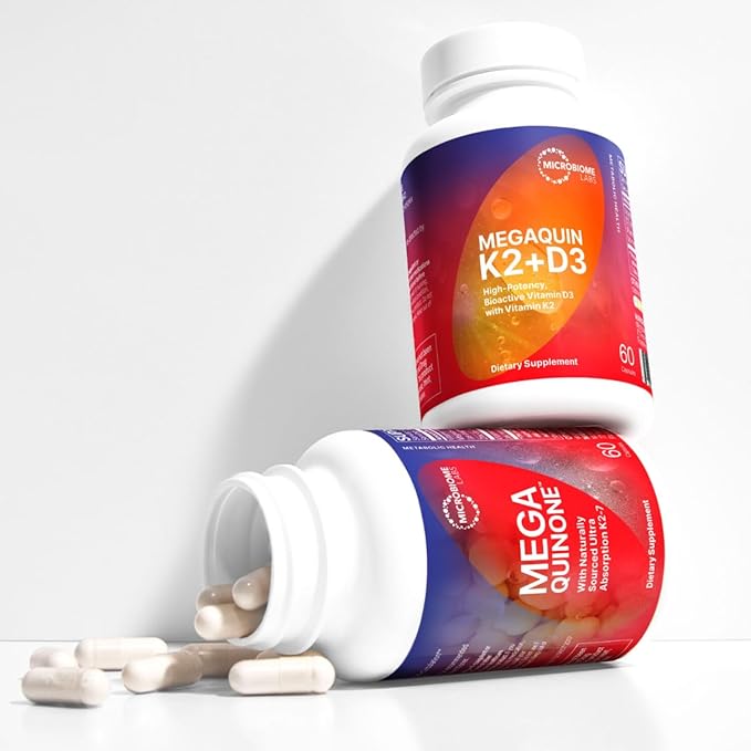 Microbiome Labs MegaQuin D3 + K2 - High Potency Vitamin D3 K2 Supplement - Bioactive &amp Bioavailable - Vitamin D3 5000 iu &amp MK-7 - Support Bone Heart Nerve &amp Immune Health (60 Capsules)